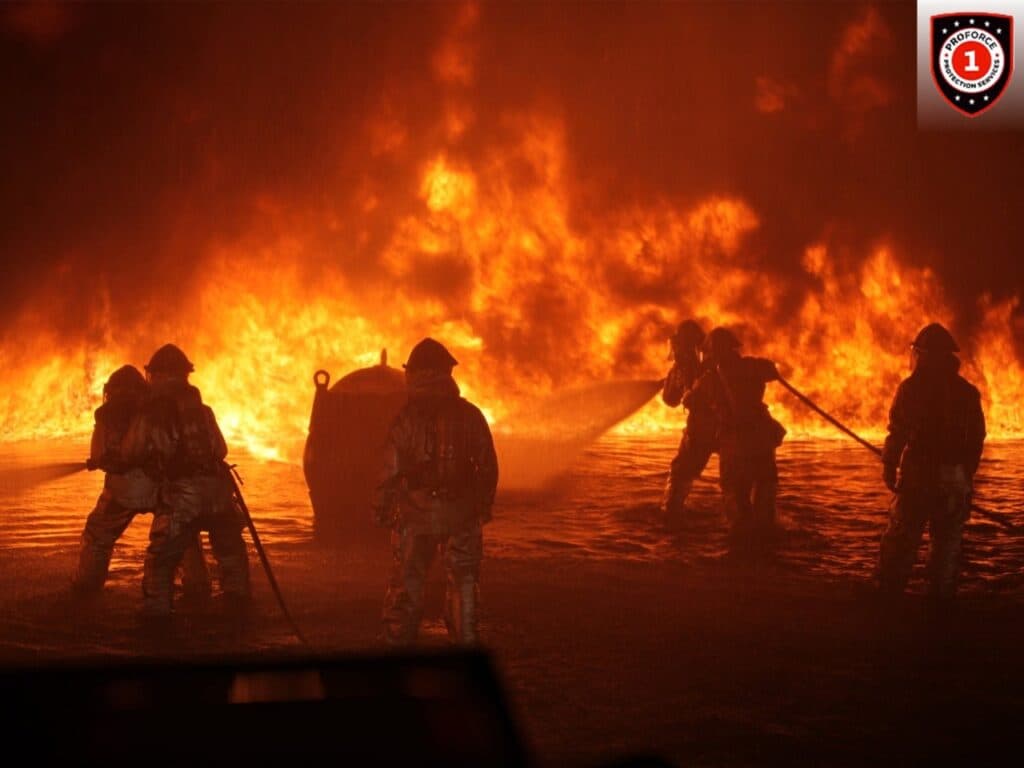 Firefighters battling a large structure fire at night